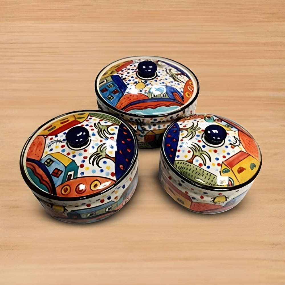 turkish ceramic serving pot with lid set of 3 cylindrical pots for serving and storing food with glazed finish